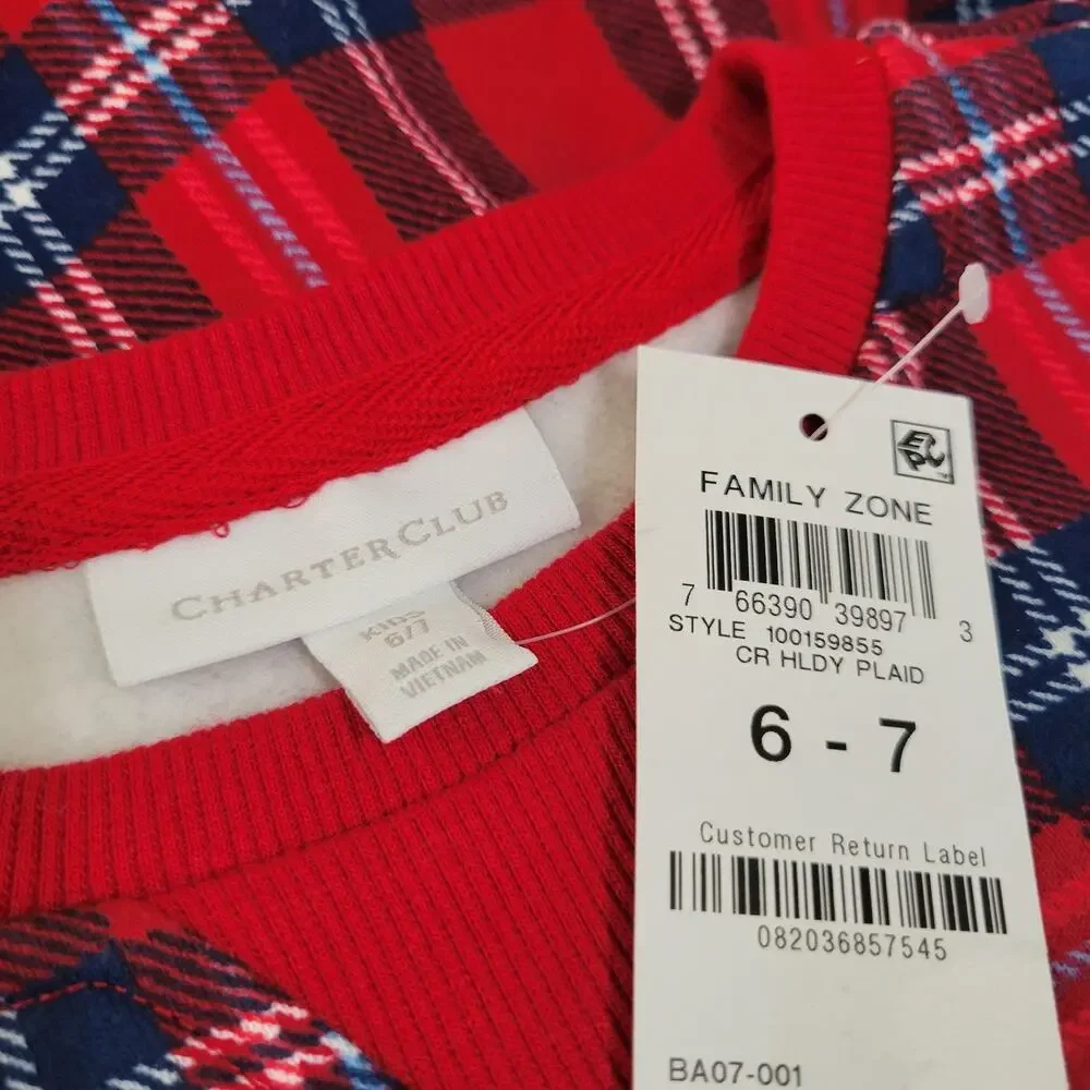 Charter Club Kids Crewneck Top Cardinal Holiday Plaid Xmas NWT Boy Girl Size 6-7